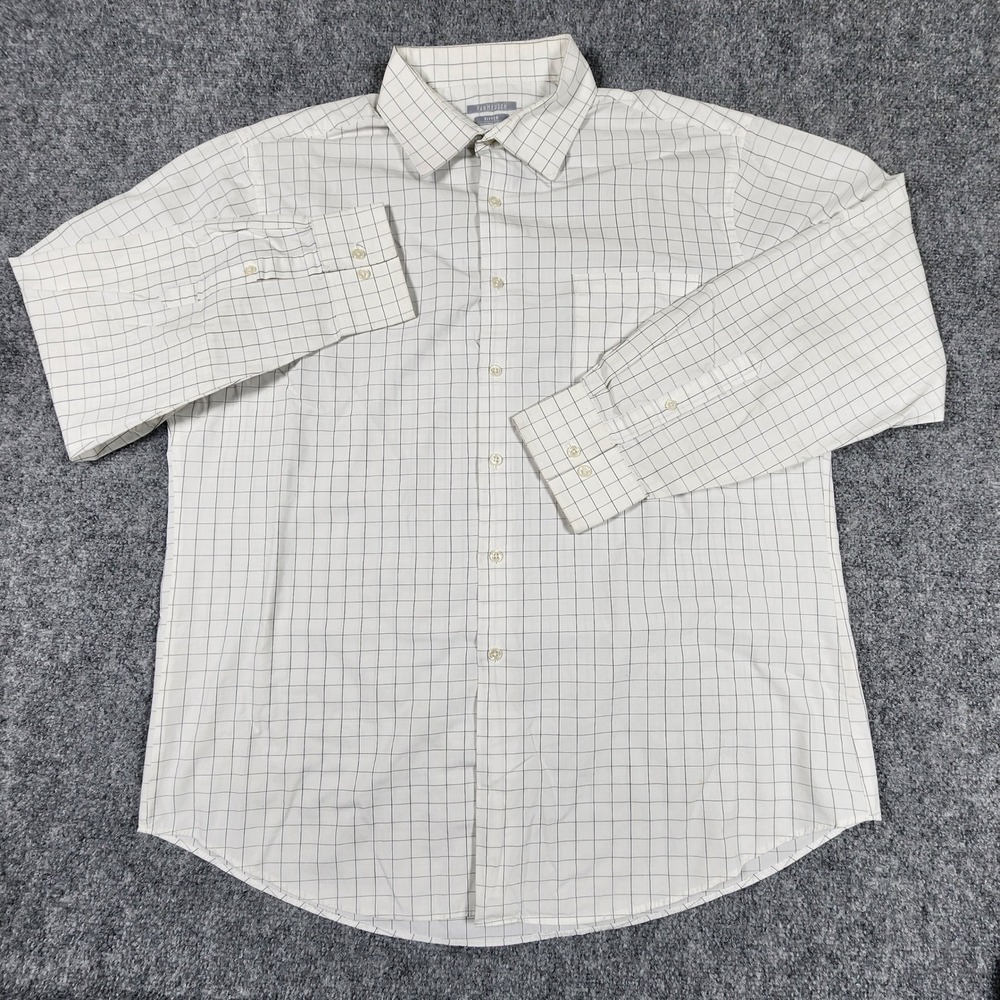 Van Heusen Fitted Dress Shirt Mens 17.5 34/35 White Black Windowpane Check L/S
